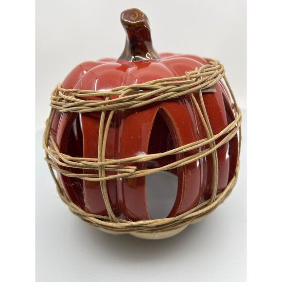 Ceramic Pumpkin Candle Holder With Rustic Wicker Detailing - Picture 12 of 13